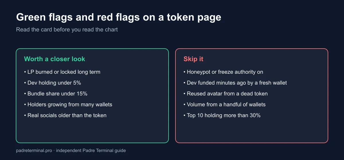 Green flags and red flags on a Padre token page: burned liquidity and low dev holdings versus honeypot flags, fresh dev funding, reused avatars and concentrated top holders