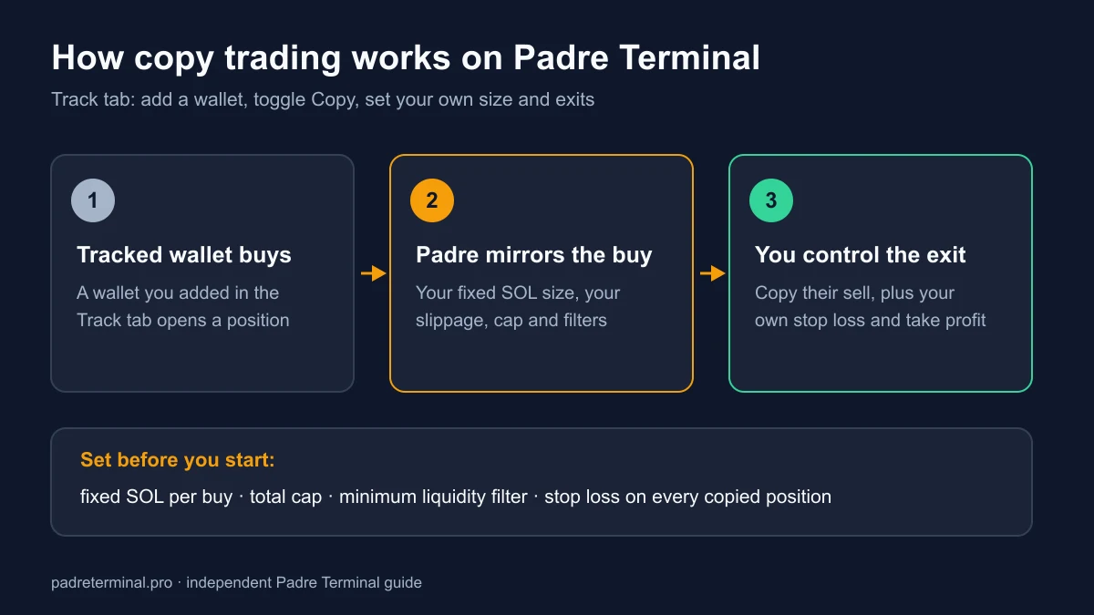 Diagram of how copy trading works on Padre Terminal: a tracked wallet buys, Padre mirrors the buy with your fixed SOL size, and you control the exit with stop loss and take profit