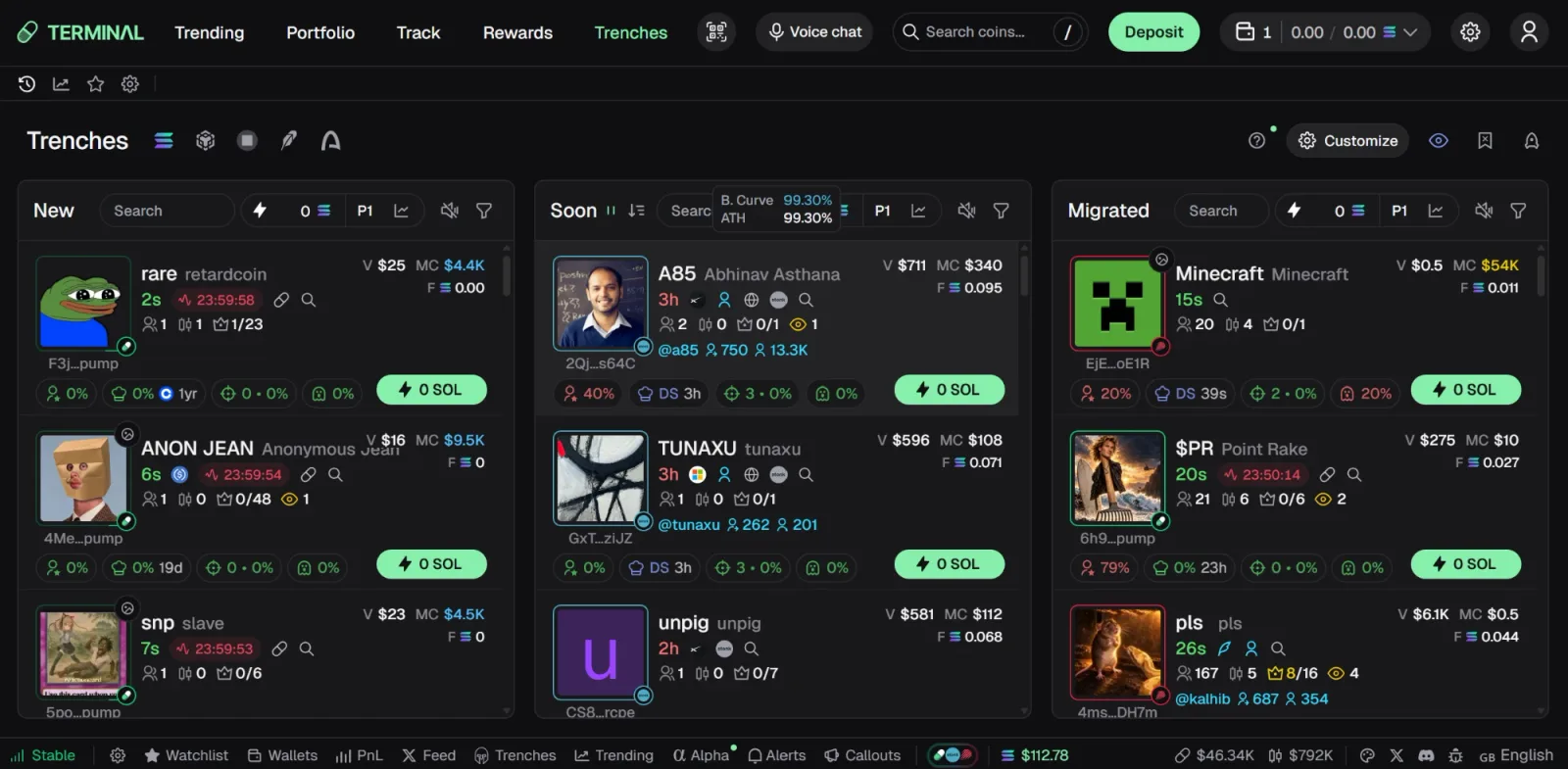 Padre Terminal Trenches screen with the New, Soon and Migrated columns, token cards showing volume, market cap, holder and bundle badges, and one-click buy buttons